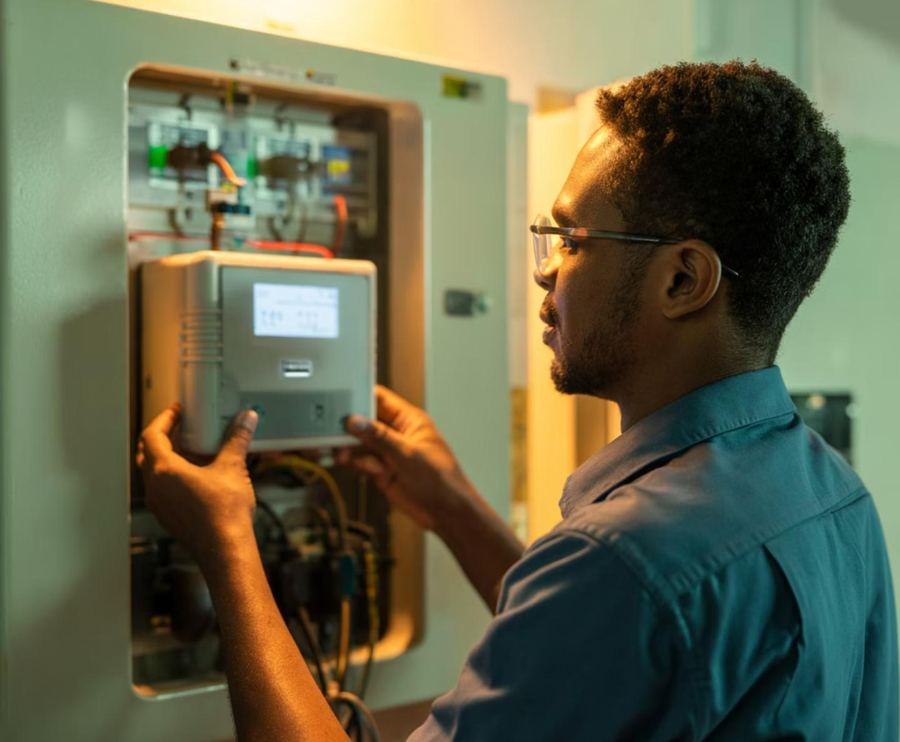Technician verifying electrical infrastructure on site